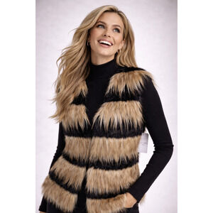 Dolce Cabo Faux Fur Vest‎ S Black Tan Striped NWT Luxe Statement Winter Layering